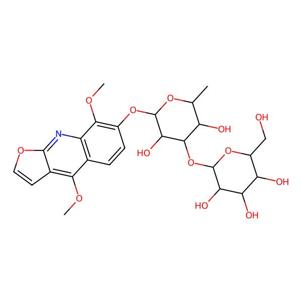 2D Structure of (2S,3R,4S,5S,6R)-2-[(2S,3R,4R,5S,6S)-2-(4,8-dimethoxyfuro[2,3-b]quinolin-7-yl)oxy-3,5-dihydroxy-6-methyloxan-4-yl]oxy-6-(hydroxymethyl)oxane-3,4,5-triol
