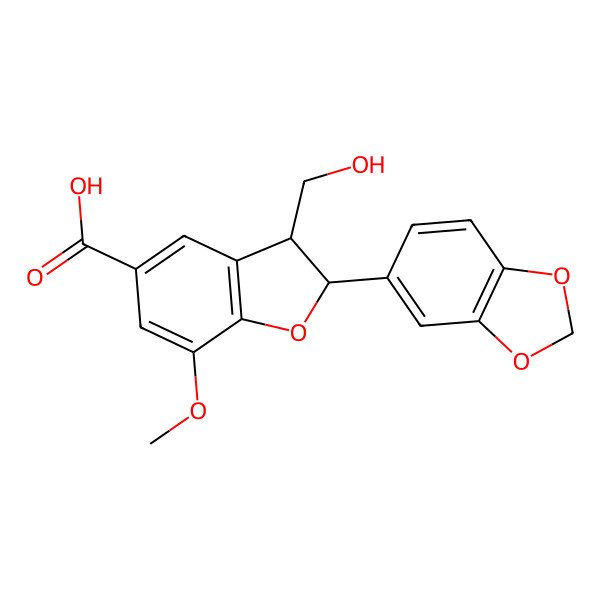 2D Structure of (2S,3R)-2-(1,3-benzodioxol-5-yl)-3-(hydroxymethyl)-7-methoxy-2,3-dihydro-1-benzofuran-5-carboxylic acid