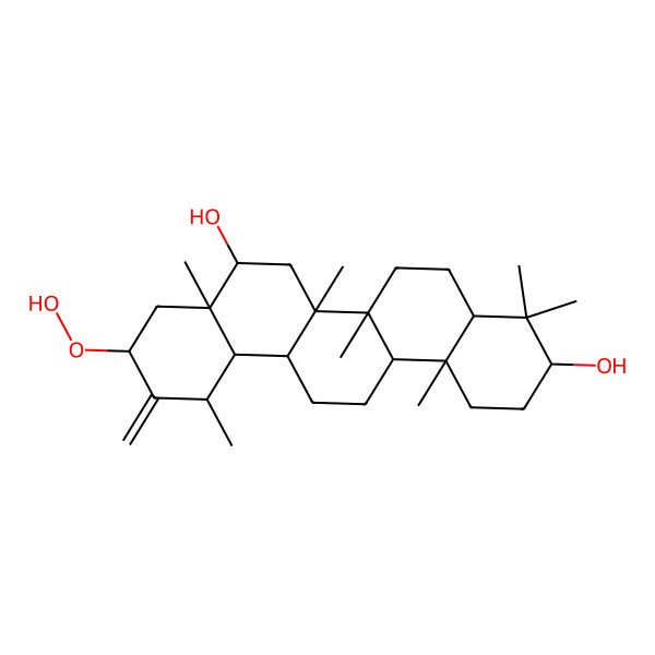 2D Structure of 10-Hydroperoxy-4,4,6a,6b,8a,12,14b-heptamethyl-11-methylidene-1,2,3,4a,5,6,6a,7,8,9,10,12,12a,13,14,14a-hexadecahydropicene-3,8-diol