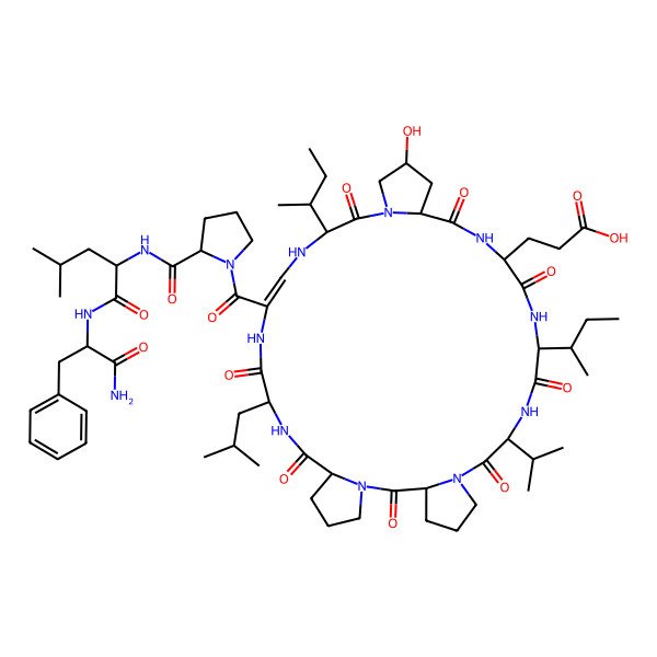 2D Structure of 3-[(3S,9S,12S,15S,18S,20R,24S,26Z,30S,33S)-27-[(2S)-2-[[(2S)-1-[[(2S)-1-amino-1-oxo-3-phenylpropan-2-yl]amino]-4-methyl-1-oxopentan-2-yl]carbamoyl]pyrrolidine-1-carbonyl]-12,24-bis[(2S)-butan-2-yl]-20-hydroxy-30-(2-methylpropyl)-2,8,11,14,17,23,29,32-octaoxo-9-propan-2-yl-1,7,10,13,16,22,25,28,31-nonazatetracyclo[31.3.0.03,7.018,22]hexatriacont-26-en-15-yl]propanoic acid