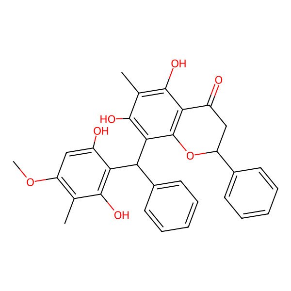 2D Structure of (2S)-8-[(S)-(2,6-dihydroxy-4-methoxy-3-methylphenyl)-phenylmethyl]-5,7-dihydroxy-6-methyl-2-phenyl-2,3-dihydrochromen-4-one