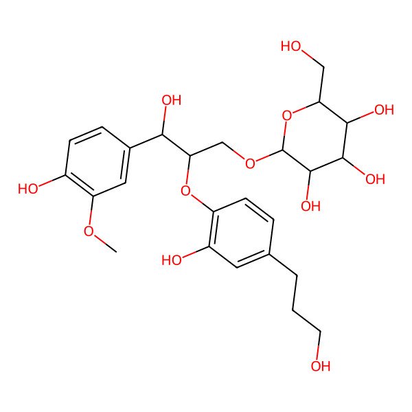2D Structure of 2-[3-Hydroxy-2-[2-hydroxy-4-(3-hydroxypropyl)phenoxy]-3-(4-hydroxy-3-methoxyphenyl)propoxy]-6-(hydroxymethyl)oxane-3,4,5-triol