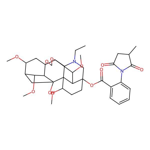 2D Structure of [(1R,2S,3S,4S,5R,6S,8R,12S,13S,16S,19S,20R,21S)-14-ethyl-2-hydroxy-4,6,19,21-tetramethoxy-9,11-dioxa-14-azaheptacyclo[10.7.2.12,5.01,13.03,8.08,12.016,20]docosan-16-yl] 2-[(3S)-3-methyl-2,5-dioxopyrrolidin-1-yl]benzoate