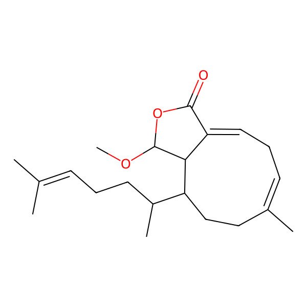2D Structure of (1S,3aE,6E,10S,10aS)-1-methoxy-7-methyl-10-[(2R)-6-methylhept-5-en-2-yl]-1,5,8,9,10,10a-hexahydrocyclonona[c]furan-3-one