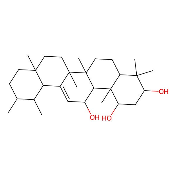 2D Structure of (1S,3R,4aS,6aR,6bS,8aR,11R,12S,12aR,14R,14aS,14bS)-4,4,6a,6b,8a,11,12,14b-octamethyl-2,3,4a,5,6,7,8,9,10,11,12,12a,14,14a-tetradecahydro-1H-picene-1,3,14-triol
