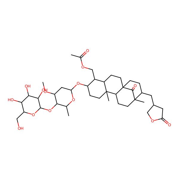 2D Structure of [(1R,4S,5S,6S,9S,10S,13R,14R)-6-[(2R,4R,5S,6S)-4-methoxy-6-methyl-5-[(2S,3R,4S,5S,6R)-3,4,5-trihydroxy-6-(hydroxymethyl)oxan-2-yl]oxyoxan-2-yl]oxy-9,13-dimethyl-17-oxo-14-[(5-oxooxolan-3-yl)methyl]-5-tetracyclo[11.3.1.01,10.04,9]heptadecanyl]methyl acetate