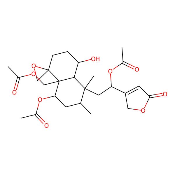 2D Structure of [(1R,4R,4aR,5S,7R,8S,8aR)-5-acetyloxy-8-[(2S)-2-acetyloxy-2-(5-oxo-2H-furan-3-yl)ethyl]-1-hydroxy-7,8-dimethylspiro[2,3,5,6,7,8a-hexahydro-1H-naphthalene-4,2'-oxirane]-4a-yl]methyl acetate
