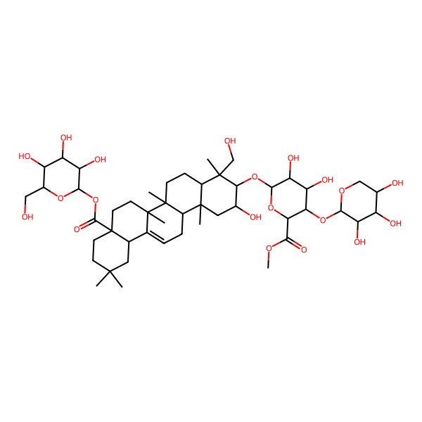 2D Structure of methyl (2S,3S,4R,5R,6R)-6-[[(2S,3R,4R,4aR,6aR,6bS,8aS,12aS,14aR,14bR)-2-hydroxy-4-(hydroxymethyl)-4,6a,6b,11,11,14b-hexamethyl-8a-[(2S,3R,4S,5S,6R)-3,4,5-trihydroxy-6-(hydroxymethyl)oxan-2-yl]oxycarbonyl-1,2,3,4a,5,6,7,8,9,10,12,12a,14,14a-tetradecahydropicen-3-yl]oxy]-4,5-dihydroxy-3-[(2S,3R,4S,5S)-3,4,5-trihydroxyoxan-2-yl]oxyoxane-2-carboxylate