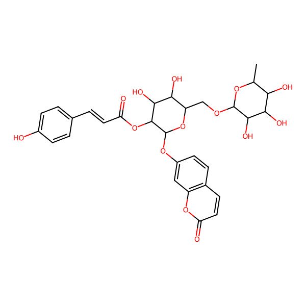 2D Structure of [4,5-Dihydroxy-2-(2-oxochromen-7-yl)oxy-6-[(3,4,5-trihydroxy-6-methyloxan-2-yl)oxymethyl]oxan-3-yl] 3-(4-hydroxyphenyl)prop-2-enoate