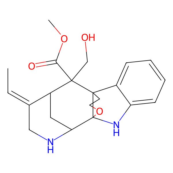 2D Structure of methyl (1R,9S,10R,13E,14R,15S)-13-ethylidene-15-(hydroxymethyl)-18-oxa-8,11-diazapentacyclo[7.6.3.110,14.01,9.02,7]nonadeca-2,4,6-triene-15-carboxylate