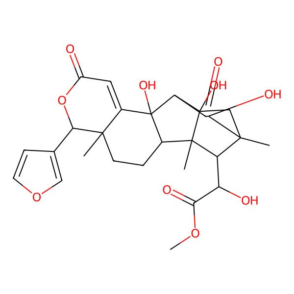2D Structure of methyl (2S)-2-[(1S,2R,5R,6R,11S,12R,14S,15R,17S,18S)-6-(furan-3-yl)-11,14,17-trihydroxy-1,5,15-trimethyl-8,13-dioxo-7-oxapentacyclo[13.2.1.02,11.05,10.012,17]octadec-9-en-18-yl]-2-hydroxyacetate