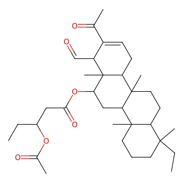 2D Structure of [(1S,4aS,4bR,6S,6aS,7R,10aS,10bR,12aS)-8-acetyl-1-ethyl-7-formyl-1,4a,6a,10b-tetramethyl-2,3,4,4b,5,6,7,10,10a,11,12,12a-dodecahydrochrysen-6-yl] (3R)-3-acetyloxypentanoate