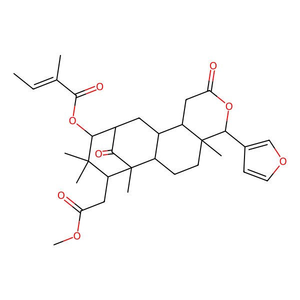 2D Structure of [(1R,2S,5R,6R,10S,11S,13S,14R,16S)-6-(furan-3-yl)-16-(2-methoxy-2-oxoethyl)-1,5,15,15-tetramethyl-8,17-dioxo-7-oxatetracyclo[11.3.1.02,11.05,10]heptadecan-14-yl] (E)-2-methylbut-2-enoate