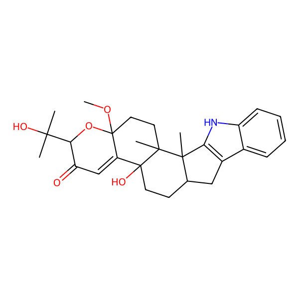 2D Structure of 11-Hydroxy-7-(2-hydroxypropan-2-yl)-5-methoxy-1,2-dimethyl-6-oxa-23-azahexacyclo[12.10.0.02,11.05,10.016,24.017,22]tetracosa-9,16(24),17,19,21-pentaen-8-one