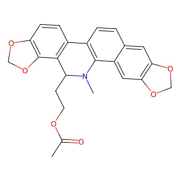 2D Structure of 2-[(23S)-24-methyl-5,7,18,20-tetraoxa-24-azahexacyclo[11.11.0.02,10.04,8.014,22.017,21]tetracosa-1(13),2,4(8),9,11,14(22),15,17(21)-octaen-23-yl]ethyl acetate