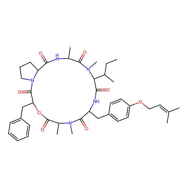 2D Structure of 3-Benzyl-12-butan-2-yl-6,7,13,15-tetramethyl-9-[[4-(3-methylbut-2-enoxy)phenyl]methyl]-4-oxa-1,7,10,13,16-pentazabicyclo[16.3.0]henicosane-2,5,8,11,14,17-hexone