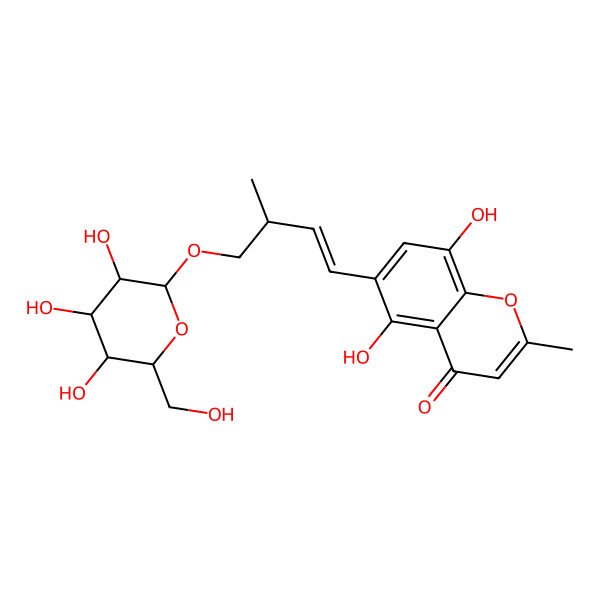 2D Structure of 5,8-Dihydroxy-2-methyl-6-[3-methyl-4-[3,4,5-trihydroxy-6-(hydroxymethyl)oxan-2-yl]oxybut-1-enyl]chromen-4-one
