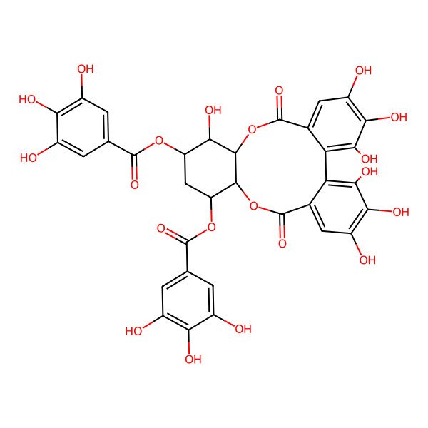 2D Structure of [(10S,11S,12R,14R,15S)-3,4,5,11,20,21,22-heptahydroxy-8,17-dioxo-14-(3,4,5-trihydroxybenzoyl)oxy-9,16-dioxatetracyclo[16.4.0.02,7.010,15]docosa-1(22),2,4,6,18,20-hexaen-12-yl] 3,4,5-trihydroxybenzoate