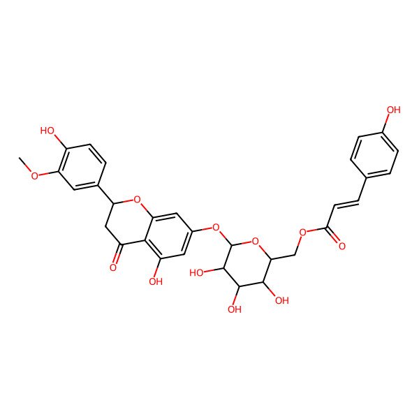 2D Structure of [(2R,3S,4S,5R,6S)-3,4,5-trihydroxy-6-[[(2S)-5-hydroxy-2-(4-hydroxy-3-methoxyphenyl)-4-oxo-2,3-dihydrochromen-7-yl]oxy]oxan-2-yl]methyl (E)-3-(4-hydroxyphenyl)prop-2-enoate