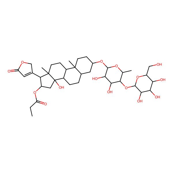 2D Structure of [(3S,5R,8R,9S,10S,13R,14S,16S,17R)-3-[(2R,3R,4S,5S,6R)-3,4-dihydroxy-6-methyl-5-[(2S,3R,4S,5S,6R)-3,4,5-trihydroxy-6-(hydroxymethyl)oxan-2-yl]oxyoxan-2-yl]oxy-14-hydroxy-10,13-dimethyl-17-(5-oxo-2H-furan-3-yl)-1,2,3,4,5,6,7,8,9,11,12,15,16,17-tetradecahydrocyclopenta[a]phenanthren-16-yl] propanoate
