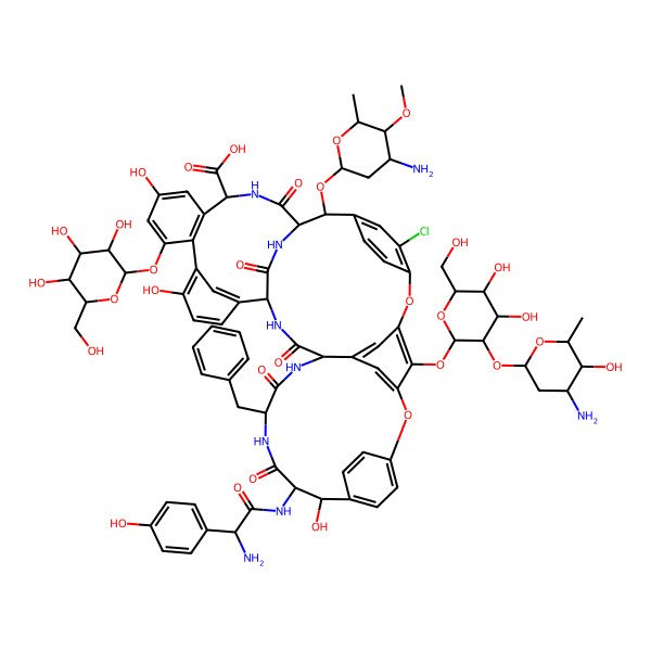 2D Structure of 48-[(2R,3R,4S,5S,6R)-3-[(2S,4S,5R,6R)-4-amino-5-hydroxy-6-methyloxan-2-yl]oxy-4,5-dihydroxy-6-(hydroxymethyl)oxan-2-yl]oxy-19-[[2-amino-2-(4-hydroxyphenyl)acetyl]amino]-2-[(2R,4S,5R,6R)-4-amino-5-methoxy-6-methyloxan-2-yl]oxy-22-benzyl-5-chloro-18,32,37-trihydroxy-20,23,26,42,44-pentaoxo-35-[(2R,3S,4S,5S,6S)-3,4,5-trihydroxy-6-(hydroxymethyl)oxan-2-yl]oxy-7,13-dioxa-21,24,27,41,43-pentazaoctacyclo[26.14.2.23,6.214,17.18,12.129,33.010,25.034,39]pentaconta-3,5,8,10,12(48),14(47),15,17(46),29(45),30,32,34(39),35,37,49-pentadecaene-40-carboxylic acid