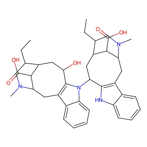 2D Structure of (1S,12S,14S,15S,18S)-10-[(1S,12S,14S,15S,18S)-18-carboxy-15-ethyl-17-methyl-10,17-diazatetracyclo[12.3.1.03,11.04,9]octadeca-3(11),4,6,8-tetraen-12-yl]-15-ethyl-12-hydroxy-17-methyl-10,17-diazatetracyclo[12.3.1.03,11.04,9]octadeca-3(11),4,6,8-tetraene-18-carboxylic acid