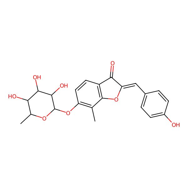 2D Structure of (2Z)-2-[(4-hydroxyphenyl)methylidene]-7-methyl-6-[(2R,3R,4R,5R,6S)-3,4,5-trihydroxy-6-methyloxan-2-yl]oxy-1-benzofuran-3-one