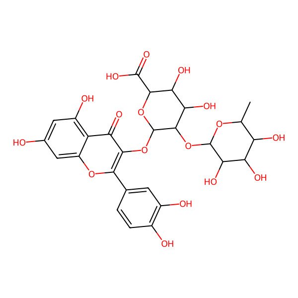 2D Structure of 6-[2-(3,4-Dihydroxyphenyl)-5,7-dihydroxy-4-oxochromen-3-yl]oxy-3,4-dihydroxy-5-(3,4,5-trihydroxy-6-methyloxan-2-yl)oxyoxane-2-carboxylic acid