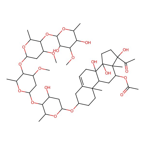 2D Structure of [(3S,8S,9R,10R,12R,13S,14R,17S)-17-acetyl-3-[(2R,4S,5S,6R)-5-[(2S,4S,5R,6R)-5-[(2S,4R,5R,6R)-5-[(2S,3R,4S,5R,6R)-3,5-dihydroxy-4-methoxy-6-methyloxan-2-yl]oxy-4-methoxy-6-methyloxan-2-yl]oxy-4-methoxy-6-methyloxan-2-yl]oxy-4-hydroxy-6-methyloxan-2-yl]oxy-8,14,17-trihydroxy-10,13-dimethyl-1,2,3,4,7,9,11,12,15,16-decahydrocyclopenta[a]phenanthren-12-yl] acetate