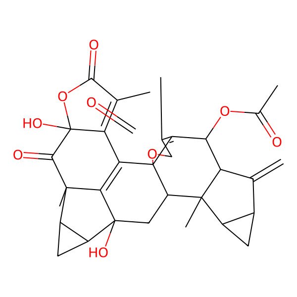 2D Structure of (16,22-Dihydroxy-5,13,20,25-tetramethyl-9-methylidene-4,21,24-trioxo-3,23-dioxanonacyclo[14.10.1.02,6.02,14.08,13.010,12.017,19.020,27.022,26]heptacosa-1(27),5,25-trien-7-yl) acetate