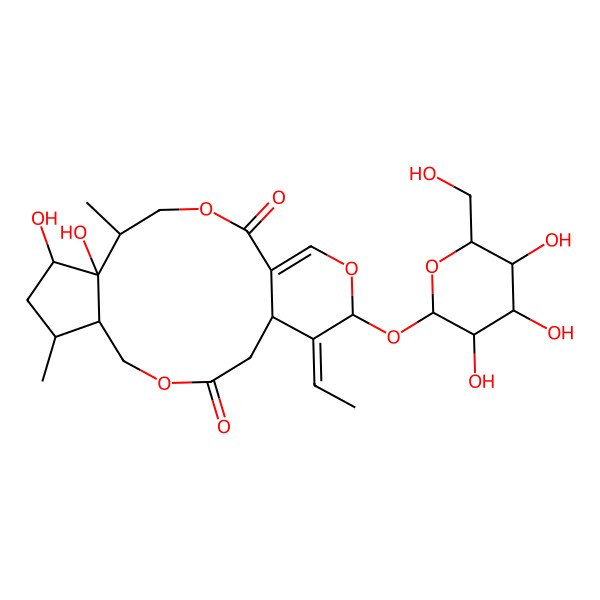 2D Structure of (5S,6R,7S,9S,10S,15S,16E,17S)-16-ethylidene-6,7-dihydroxy-5,9-dimethyl-17-[(2R,3R,4S,5S,6R)-3,4,5-trihydroxy-6-(hydroxymethyl)oxan-2-yl]oxy-3,12,18-trioxatricyclo[13.4.0.06,10]nonadec-1(19)-ene-2,13-dione