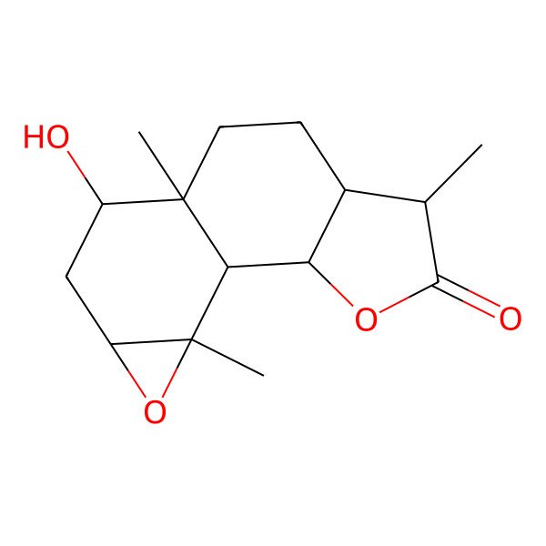 2D Structure of (1R,2R,5S,6S,9R,10S,12S,14S)-10-hydroxy-5,9,14-trimethyl-3,13-dioxatetracyclo[7.5.0.02,6.012,14]tetradecan-4-one