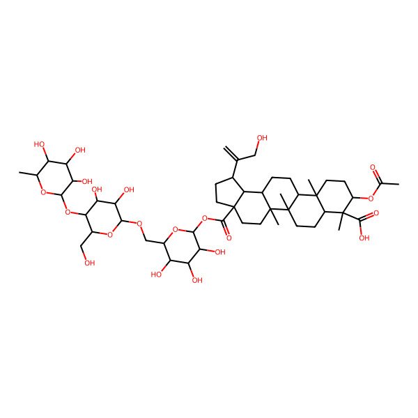 2D Structure of (1R,3aS,5aR,5bR,7aR,8S,9R,11aR,11bR,13aR,13bR)-9-acetyloxy-3a-[(2S,3R,4S,5S,6R)-6-[[(2R,3R,4S,5S,6R)-3,4-dihydroxy-6-(hydroxymethyl)-5-[(2S,3R,4R,5R,6S)-3,4,5-trihydroxy-6-methyloxan-2-yl]oxyoxan-2-yl]oxymethyl]-3,4,5-trihydroxyoxan-2-yl]oxycarbonyl-1-(3-hydroxyprop-1-en-2-yl)-5a,5b,8,11a-tetramethyl-1,2,3,4,5,6,7,7a,9,10,11,11b,12,13,13a,13b-hexadecahydrocyclopenta[a]chrysene-8-carboxylic acid