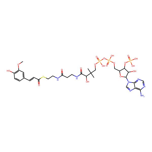2D Structure of S-[2-[3-[[(2R)-4-[[[(2R,3R,4S,5S)-5-(6-aminopurin-9-yl)-4-hydroxy-3-phosphonooxyoxolan-2-yl]methoxy-hydroxyphosphoryl]oxy-hydroxyphosphoryl]oxy-2-hydroxy-3,3-dimethylbutanoyl]amino]propanoylamino]ethyl] (E)-3-(4-hydroxy-3-methoxyphenyl)prop-2-enethioate