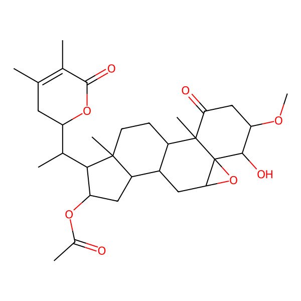 2D Structure of [15-[1-(4,5-Dimethyl-6-oxo-2,3-dihydropyran-2-yl)ethyl]-6-hydroxy-5-methoxy-2,16-dimethyl-3-oxo-8-oxapentacyclo[9.7.0.02,7.07,9.012,16]octadecan-14-yl] acetate