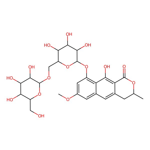 2D Structure of (3R)-10-hydroxy-7-methoxy-3-methyl-9-[(2S,3R,4S,5S,6R)-3,4,5-trihydroxy-6-[[(2S,3R,4R,5S,6R)-3,4,5-trihydroxy-6-(hydroxymethyl)oxan-2-yl]oxymethyl]oxan-2-yl]oxy-3,4-dihydrobenzo[g]isochromen-1-one