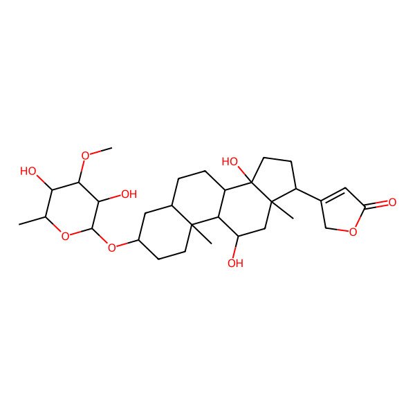 2D Structure of 3-[(3S,5R,8R,9S,10S,11R,13R,14S,17R)-3-[(2R,3R,4S,5S,6R)-3,5-dihydroxy-4-methoxy-6-methyloxan-2-yl]oxy-11,14-dihydroxy-10,13-dimethyl-1,2,3,4,5,6,7,8,9,11,12,15,16,17-tetradecahydrocyclopenta[a]phenanthren-17-yl]-2H-furan-5-one