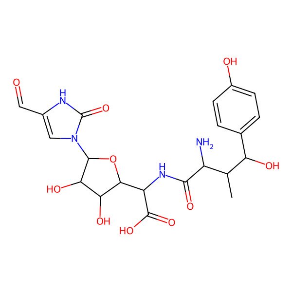 2D Structure of (2S)-2-[[(2S,3R,4S)-2-amino-4-hydroxy-4-(4-hydroxyphenyl)-3-methylbutanoyl]amino]-2-[(2S,3R,4S,5S)-5-(5-formyl-2-oxo-1H-imidazol-3-yl)-3,4-dihydroxyoxolan-2-yl]acetic acid