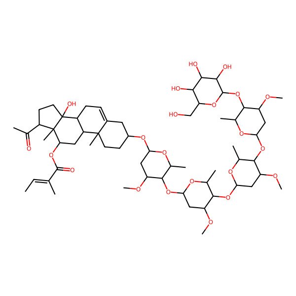 2D Structure of [(3S,8R,9S,10R,12R,13S,14S,17S)-17-acetyl-14-hydroxy-3-[(2R,4S,5R,6R)-4-methoxy-5-[(2S,4S,5R,6R)-4-methoxy-5-[(2S,4S,5R,6R)-4-methoxy-5-[(2S,4S,5R,6R)-4-methoxy-6-methyl-5-[(2S,3R,4S,5S,6R)-3,4,5-trihydroxy-6-(hydroxymethyl)oxan-2-yl]oxyoxan-2-yl]oxy-6-methyloxan-2-yl]oxy-6-methyloxan-2-yl]oxy-6-methyloxan-2-yl]oxy-10,13-dimethyl-1,2,3,4,7,8,9,11,12,15,16,17-dodecahydrocyclopenta[a]phenanthren-12-yl] (E)-2-methylbut-2-enoate