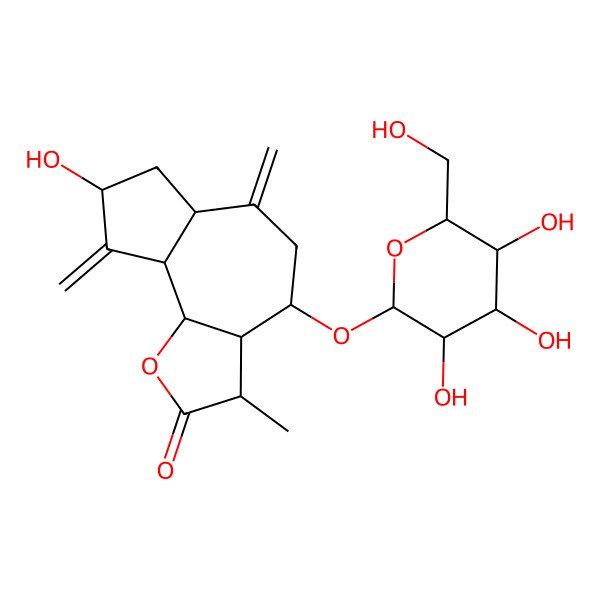 2D Structure of (3S,3aR,4S,6aR,8R,9aR,9bR)-8-hydroxy-3-methyl-6,9-dimethylidene-4-[(2R,3R,4S,5S,6R)-3,4,5-trihydroxy-6-(hydroxymethyl)oxan-2-yl]oxy-3a,4,5,6a,7,8,9a,9b-octahydro-3H-azuleno[4,5-b]furan-2-one