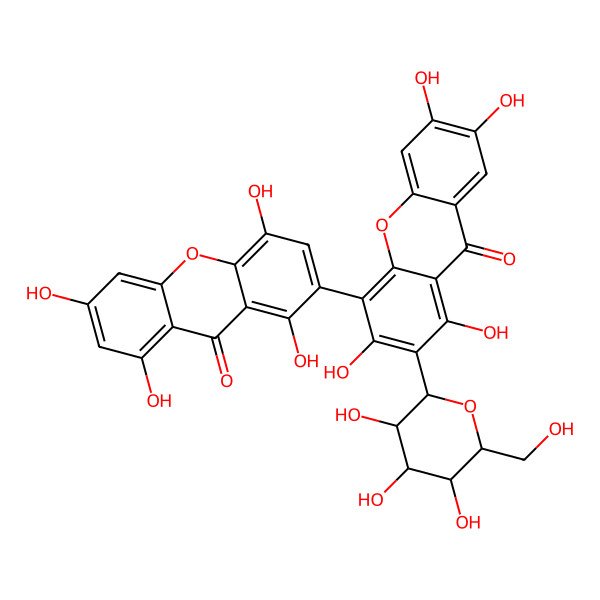 2D Structure of 1,3,6,7-Tetrahydroxy-4-(1,4,6,8-tetrahydroxy-9-oxoxanthen-2-yl)-2-[3,4,5-trihydroxy-6-(hydroxymethyl)oxan-2-yl]xanthen-9-one