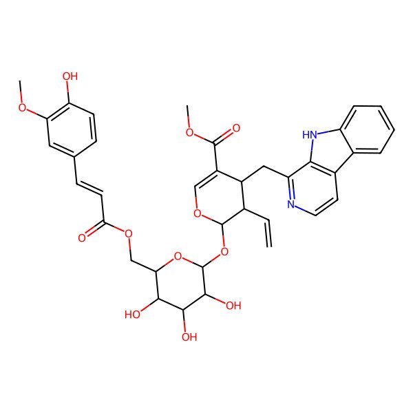 2D Structure of methyl (2S,3R,4S)-3-ethenyl-4-(9H-pyrido[3,4-b]indol-1-ylmethyl)-2-[(2S,3R,4S,5S,6R)-3,4,5-trihydroxy-6-[[(E)-3-(4-hydroxy-3-methoxyphenyl)prop-2-enoyl]oxymethyl]oxan-2-yl]oxy-3,4-dihydro-2H-pyran-5-carboxylate