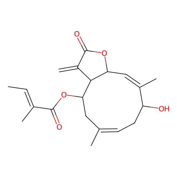 2D Structure of [(3aR,4S,6E,9R,10Z,11aS)-9-hydroxy-6,10-dimethyl-3-methylidene-2-oxo-3a,4,5,8,9,11a-hexahydrocyclodeca[b]furan-4-yl] (Z)-2-methylbut-2-enoate