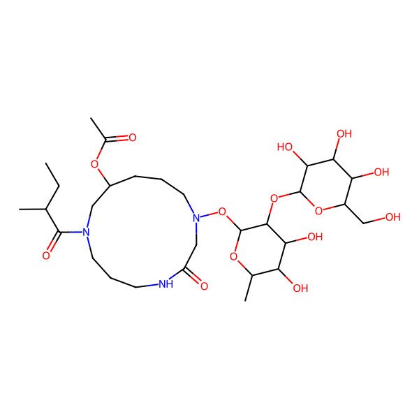 2D Structure of [(10R)-1-[(2S,3R,4R,5R,6S)-4,5-dihydroxy-6-methyl-3-[(2S,3R,4S,5S,6R)-3,4,5-trihydroxy-6-(hydroxymethyl)oxan-2-yl]oxyoxan-2-yl]oxy-8-[(2S)-2-methylbutanoyl]-3-oxo-1,4,8-triazacyclotridec-10-yl] acetate