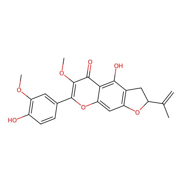 2D Structure of (2S)-4-hydroxy-7-(4-hydroxy-3-methoxyphenyl)-6-methoxy-2-prop-1-en-2-yl-2,3-dihydrofuro[3,2-g]chromen-5-one