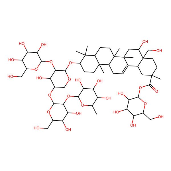 2D Structure of [(2S,3R,4S,5S,6R)-3,4,5-trihydroxy-6-(hydroxymethyl)oxan-2-yl] (2S,4aS,5R,6aR,6aS,6bR,8aR,10S,12aR,14bS)-10-[(2S,3R,4S,5S)-5-[(2S,3R,4S,5S,6R)-4,5-dihydroxy-6-(hydroxymethyl)-3-[(2S,3R,4R,5R,6S)-3,4,5-trihydroxy-6-methyloxan-2-yl]oxyoxan-2-yl]oxy-4-hydroxy-3-[(2S,3R,4S,5S,6R)-3,4,5-trihydroxy-6-(hydroxymethyl)oxan-2-yl]oxyoxan-2-yl]oxy-5-hydroxy-4a-(hydroxymethyl)-2,6a,6b,9,9,12a-hexamethyl-1,3,4,5,6,6a,7,8,8a,10,11,12,13,14b-tetradecahydropicene-2-carboxylate