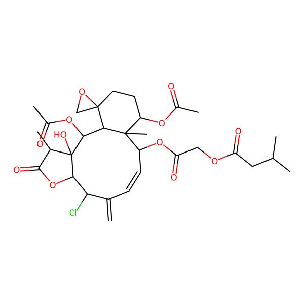 2D Structure of [2-(2,14-Diacetyloxy-8-chloro-3-hydroxy-4,13-dimethyl-9-methylidene-5-oxospiro[6-oxatricyclo[11.4.0.03,7]heptadec-10-ene-17,2'-oxirane]-12-yl)oxy-2-oxoethyl] 3-methylbutanoate