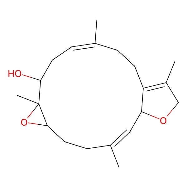 2D Structure of (1R,2E,6S,8S,9S,11E)-3,8,12,16-tetramethyl-7,18-dioxatricyclo[13.3.0.06,8]octadeca-2,11,15-trien-9-ol