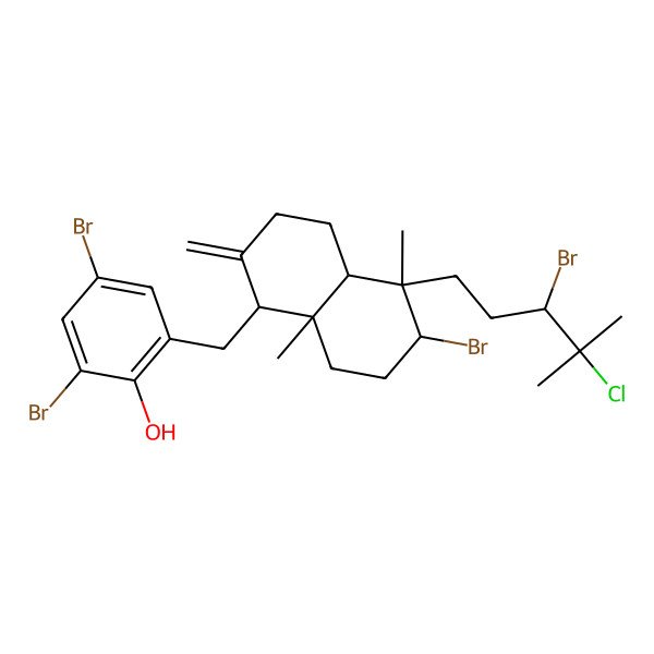 2D Structure of 2-[[(1R,4aS,5R,6R,8aS)-6-bromo-5-[(3R)-3-bromo-4-chloro-4-methylpentyl]-5,8a-dimethyl-2-methylidene-3,4,4a,6,7,8-hexahydro-1H-naphthalen-1-yl]methyl]-4,6-dibromophenol