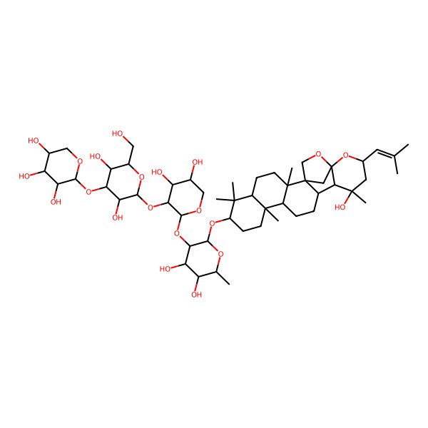2D Structure of 2-[2-[2-[4,5-dihydroxy-2-[[(1S,2R,7S,10R,11R,14R,15S,16S,20S)-16-hydroxy-2,6,6,10,16-pentamethyl-18-(2-methylprop-1-enyl)-19,21-dioxahexacyclo[18.2.1.01,14.02,11.05,10.015,20]tricosan-7-yl]oxy]-6-methyloxan-3-yl]oxy-4,5-dihydroxyoxan-3-yl]oxy-3,5-dihydroxy-6-(hydroxymethyl)oxan-4-yl]oxyoxane-3,4,5-triol